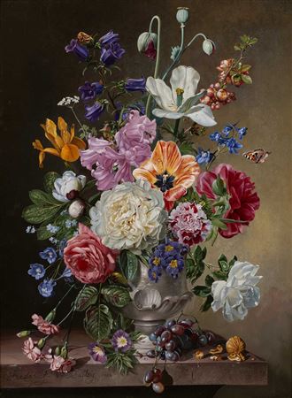 Still life - a vase of mixed flowers with grapes and nut alongsid