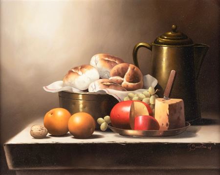 Still Life of Buns and Fruit by Victor Santos - Auction record, sale price, and art valuation. Compare with similar artists and explore comparable artworks.