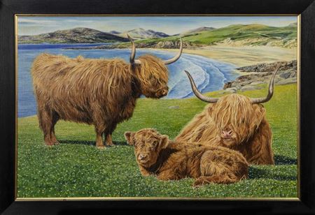 HIGHLAND CATTLE, LUSKENTYRE BEACH, ISLE OF HARRIS by Keith Brockie - Auction record, sale price, and art valuation. Compare with similar artists and explore comparable artworks.