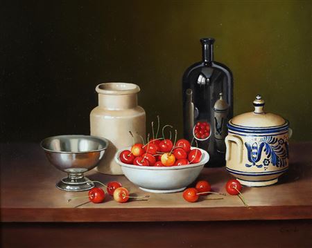 Still life of cherries in a bowl, blue glass bottle, pottery and pewter dish on ledge