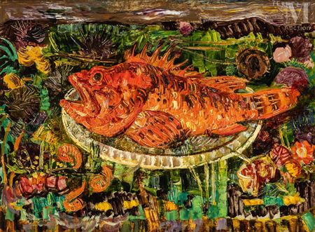 Composition with scorpion fish and sea urchins