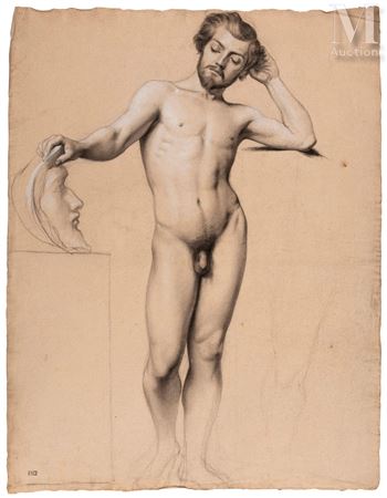 Academy of a man holding a mask with a reprise of the leg