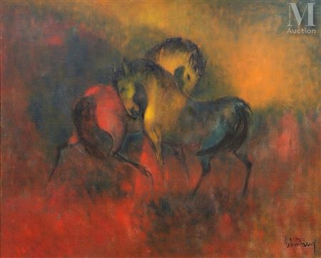 Horses on a red background
