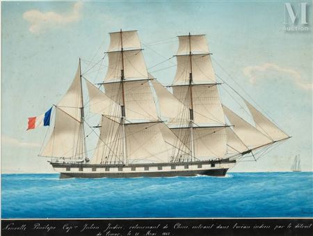 Portrait of the three-masted barque Nouvelle Pénélope entering the Strait of Timor