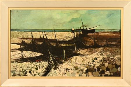 A fishing boat scene with nets and figures