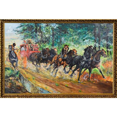 Wild west scene of a stagecoach heist with a Native American, cowboys and galloping horses