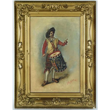 A colorful and festive European dressed man playing a drum