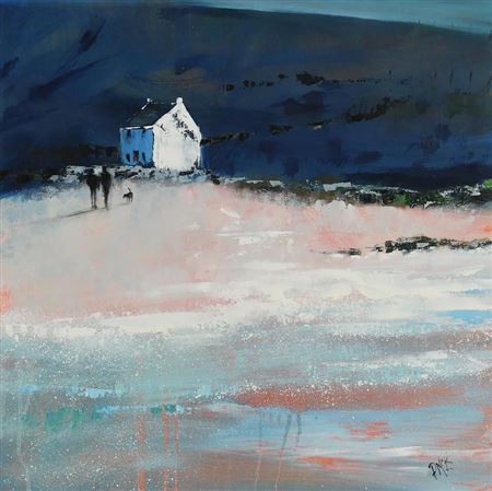 Sample artwork by Paula McKinney, known for abstract linear water scene painting with boats and surfer figures - View similar artists and auction records