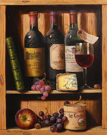 Still Life - Wine Bottles, Cheese and Grapes