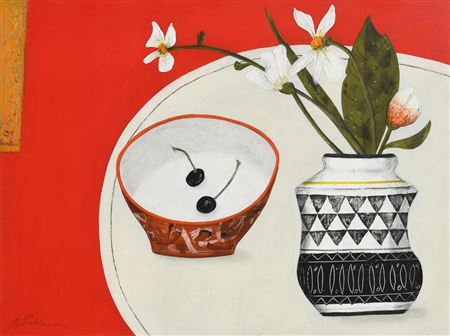 Still Life with Two Black Cherries
