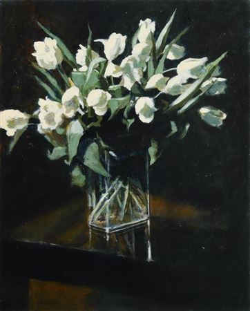 White Tulips on an Oak Table