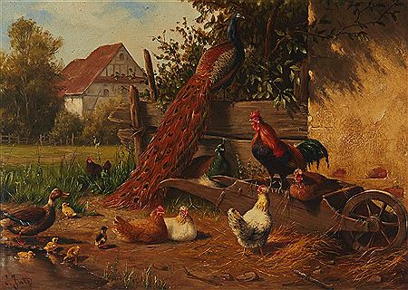 Farm Scene With Peacocks, Chickens, And Ducks by Carl Jutz Jr - Auction record, sale price, and art valuation. Compare with similar artists and explore comparable artworks.