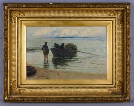 Seaside scene with British fishermen in a dory. by Andrew Black - Auction record, sale price, and art valuation. Compare with similar artists and explore comparable artworks.