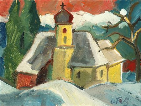 Wintry landscape with a little church and mountains in the background