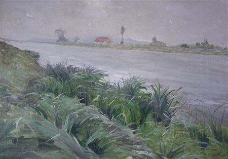 Flusslandschaft. Blick über bewachsenes Ufer auf gegenüberliegende Seite an einem dunstigen Tag.