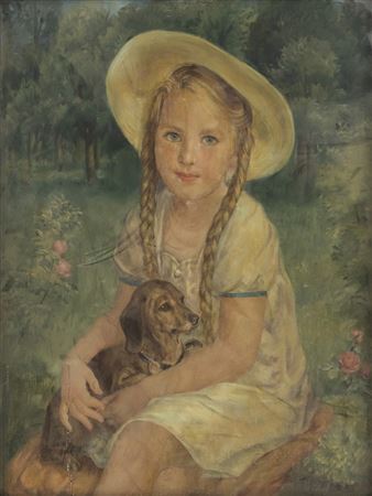 Portrait of a young girl with a dachshund in front of a park landscape.