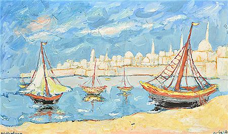 Sailbotas moored in a port