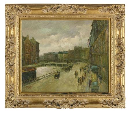 "Street Scene with Bridge and French Flags"