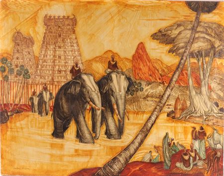 The sacred elephants in Madurai by Andre Maire - Auction record, sale price, and art valuation. Compare with similar artists and explore comparable artworks.
