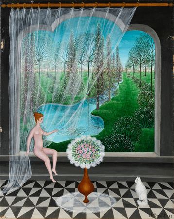 Woman sitting at balcony and cat by Jacqueline Benoit - Auction record, sale price, and art valuation. Compare with similar artists and explore comparable artworks.