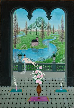 Woman lying at balcony and houses