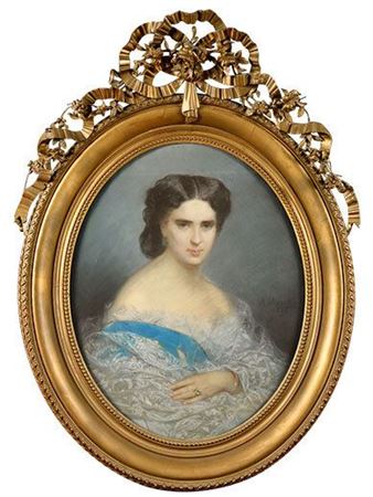 Portrait of a woman with a blue ribbon