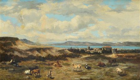 Paesaggio lacustre con pastore e capre