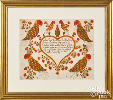 Fraktur birth certificate for Jacob Brunngart, b. 1814 by Daniel Otto - Auction record, sale price, and art valuation. Compare with similar artists and explore comparable artworks.