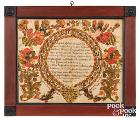 Fraktur birth certificate for Catharina Schmeier, b. 1792 by Blousy Angel - Auction record, sale price, and art valuation. Compare with similar artists and explore comparable artworks.