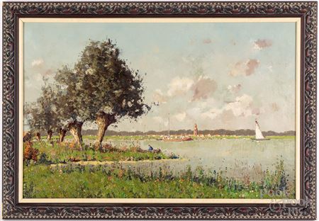 Lake scene with shoreline and boats