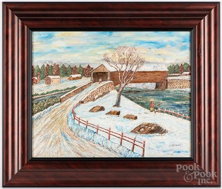 Winter landscape, with a covered bridge, fisherman and farmstead