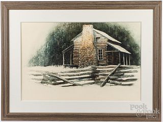 Winter Landscape of a Log Cabin