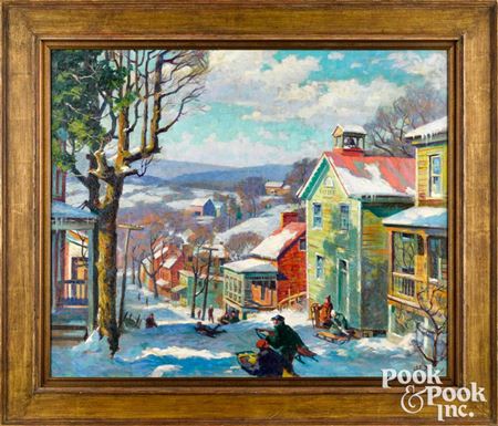 Winter landscape, with sledders in a town setting by Garnet Jex - Auction record, sale price, and art valuation. Compare with similar artists and explore comparable artworks.