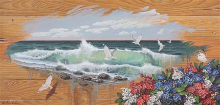 Composition with seagulls and flowers