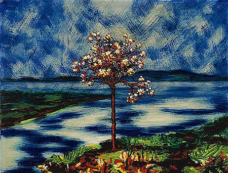 Blossoming tree in front of a seascape