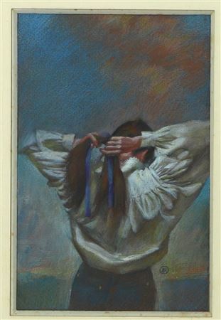 "Woman tying her hair"