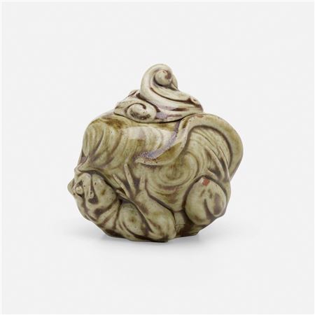 Covered vessel with fantastical frog