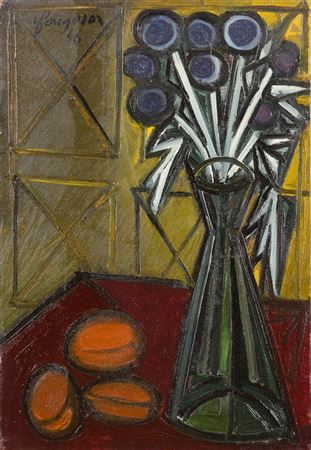 Vase of flowers and fruits