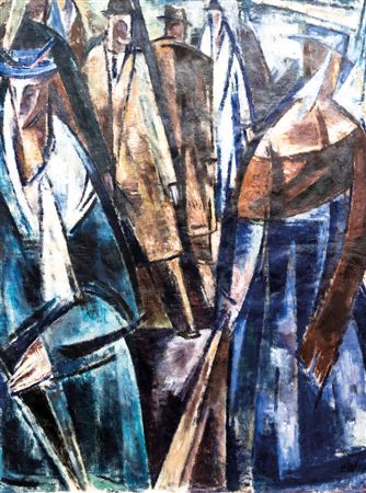 Belebte Straße mit expressiven Figuren / Akte in einer Landschaft