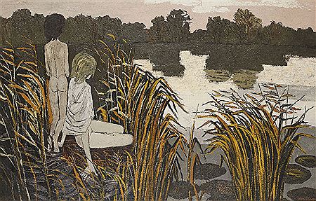 Girls by a lake