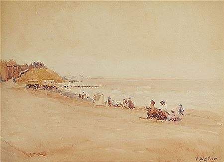 A coastal landscape with figures on the beach
