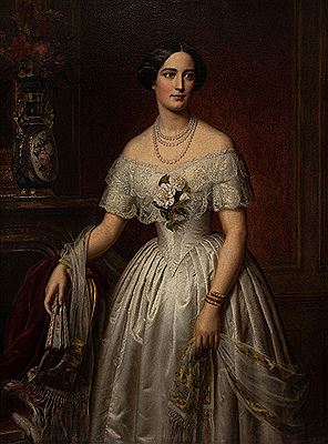 Portrait of a lady, standing three-quarter length in an interior, wearing a white dress and pearl necklace by August Schiott - Auction record, sale price, and art valuation. Compare with similar artists and explore comparable artworks.