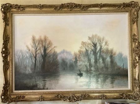 Boat on River in Misty Landscape
