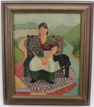 Portrait of a lady and black cat