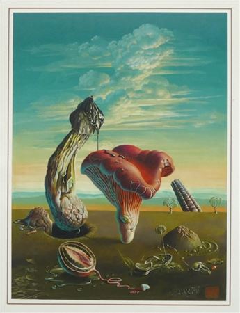 Surreal landscape with still lifes of plants and erotic references