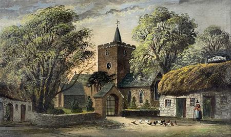 View of Llanbadarn Church, Aberystwyth, with The Black Lion public house and lady in traditional Welsh costume