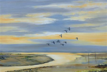 Wigeon over the Mud Flats Brancaster Staithe
