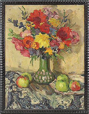 Flower still life with summer flowers and fruits