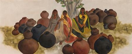 Sample artwork by B Prabha (1933 - 2001), known for female portrait, figure, genre easel and mural painting - View similar artists and auction records