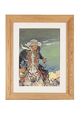 Cowboy on horseback fleeing a shootout